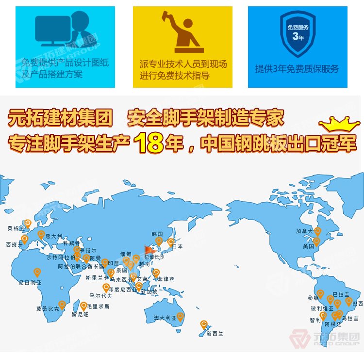 元拓建材集團(tuán)，安全腳手架制造專家！專注腳手架生產(chǎn)18年，中國(guó)鋼跳板出口冠軍！